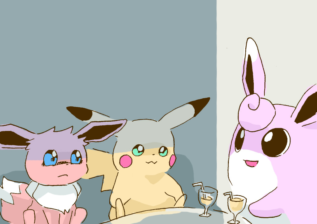 2019 blue_eyes brown_body container cup drinking_glass drinking_straw eevee generation_1_pokemon get_it_go glass glass_container glass_cup neck_tuft nintendo open_mouth pikachu pink_body pokemon pokemon_(species) red_cheeks scared sitting smile tuft wigglytuff wine_glass yellow_body