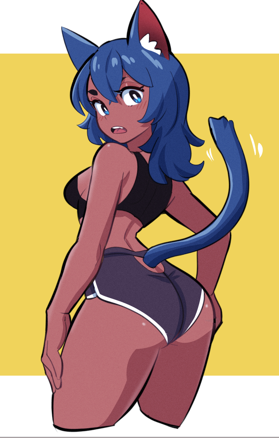 1girl amazu_(kurozu) animal_ears aoi_(amazu) ass bare_arms bare_shoulders blue_eyes blue_hair blush breasts cat_ears cat_girl cat_tail cropped_legs dark-skinned_female dark_skin grey_shorts hair_between_eyes highres looking_at_viewer looking_back medium_breasts open_mouth original short_eyebrows shorts solo tail tail_through_clothes thick_eyebrows two-tone_background v-shaped_eyebrows white_background yellow_background
