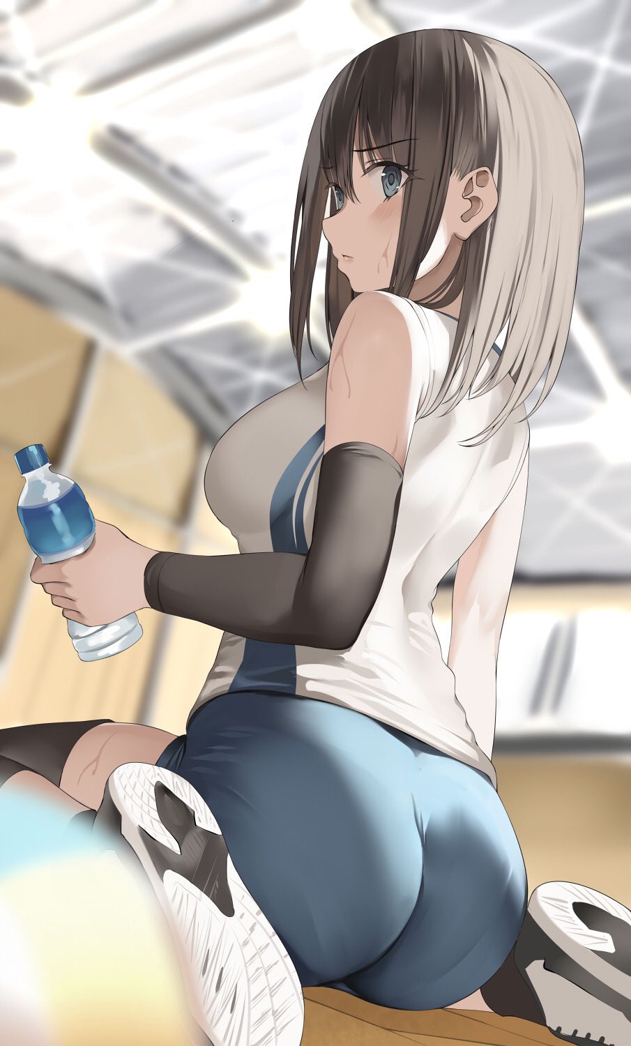 1girl ass black_hair blue_eyes blurry blurry_background bottle breasts highres holding holding_bottle indoors kureha_(ironika) looking_at_viewer looking_back medium_breasts on_floor original shoes shorts sneakers solo sportswear sweat tsubasa_(kureha)