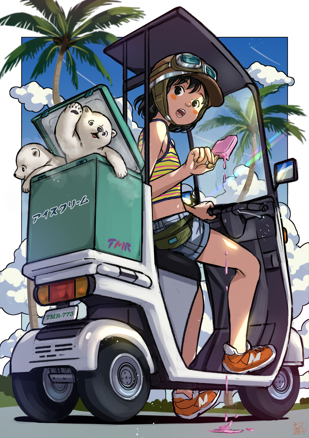 1girl animal bear black_eyes black_hair blue_sky blush_stickers border camisole cloud contrail dripping food goggles goggles_on_headwear helmet highres holding holding_food holding_popsicle license_plate looking_back moped motor_vehicle nanami_tomorou open_mouth orange_footwear original outdoors outside_border palm_tree polar_bear popsicle shoes short_shorts shorts sitting sky solo striped_camisole tree wheel white_border