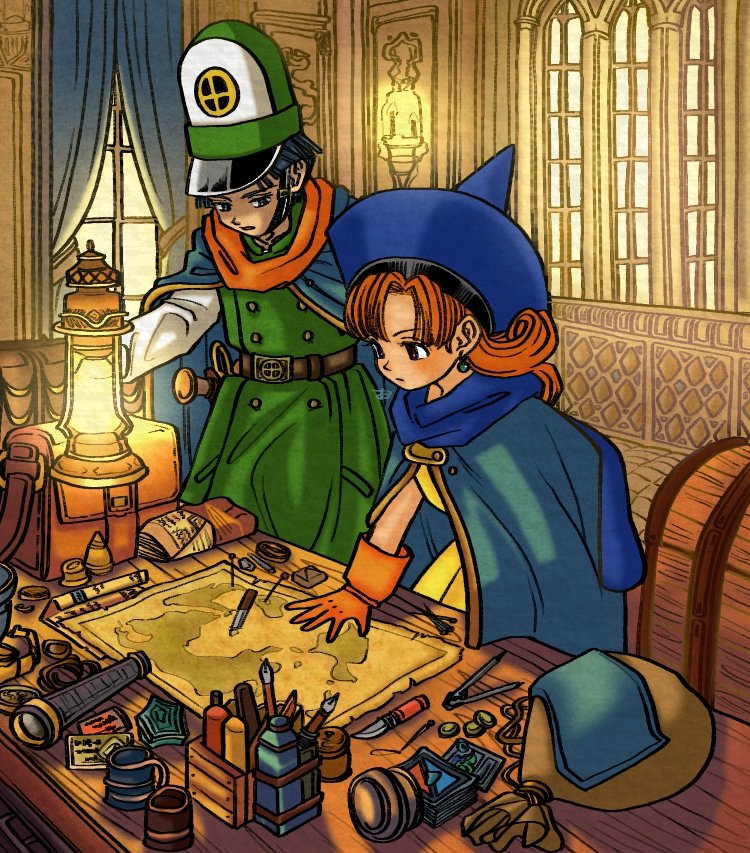 1boy 1girl alena_(dq4) belt binoculars blue_cloak blue_hair clift cloak curtains dragon_quest dragon_quest_iv gloves hat indoors lantern long_hair looking_at_another map mitre okita_(sukult_4) orange_hair twintails window