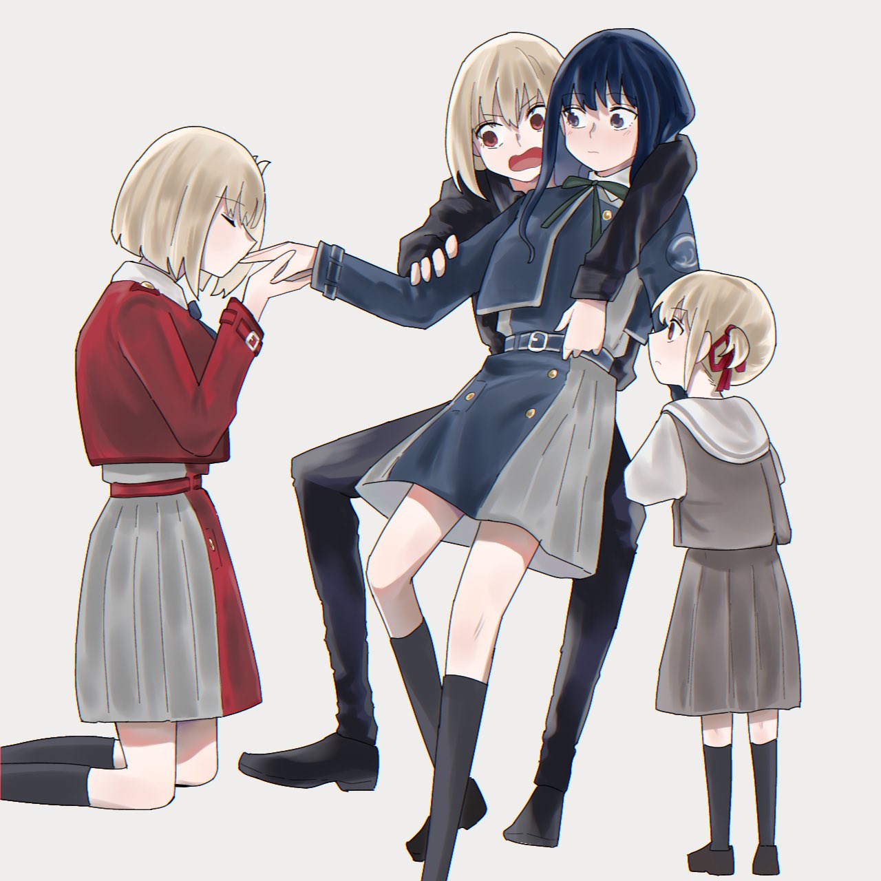 4girls aged_down aged_up arm_around_neck black_footwear black_pants black_shirt black_socks blonde_hair blue_dress blue_hair closed_eyes closed_mouth commentary dress full_body green_ribbon grey_shirt grey_skirt hair_ribbon highres holding_hands inoue_takina kiss kissing_hand kneehighs kneeling long_hair long_sleeves lycoris_recoil lycoris_uniform medium_hair multiple_girls neck_ribbon nishikigi_chisato one_side_up open_mouth pants pleated_skirt purple_eyes red_dress red_eyes red_ribbon ribbon sailor_collar school_uniform serafuku shiratama_draw shirt skirt socks time_paradox white_sailor_collar yuri