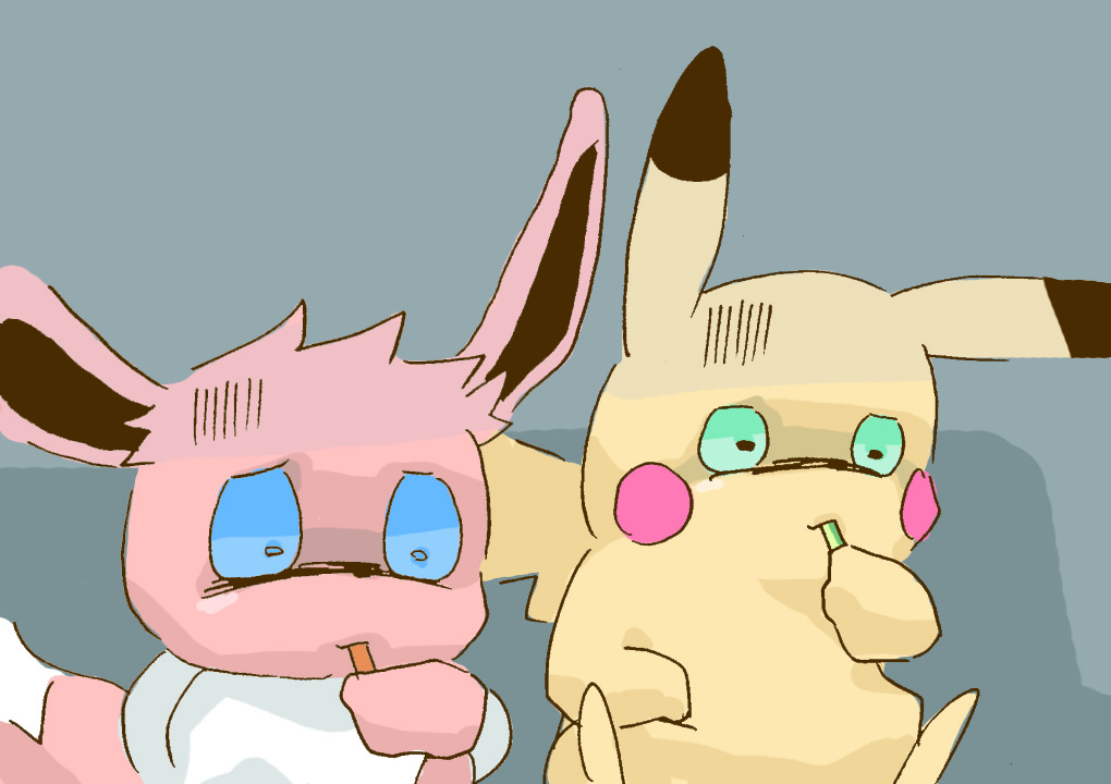 2019 ambiguous_gender blue_eyes brown_body distressed duo eating eevee front_view generation_1_pokemon get_it_go grey_background holding_object holding_tool holding_utensil kitchen_utensils neck_tuft nintendo pikachu pokemon pokemon_(species) red_cheeks simple_background tools tuft yellow_body