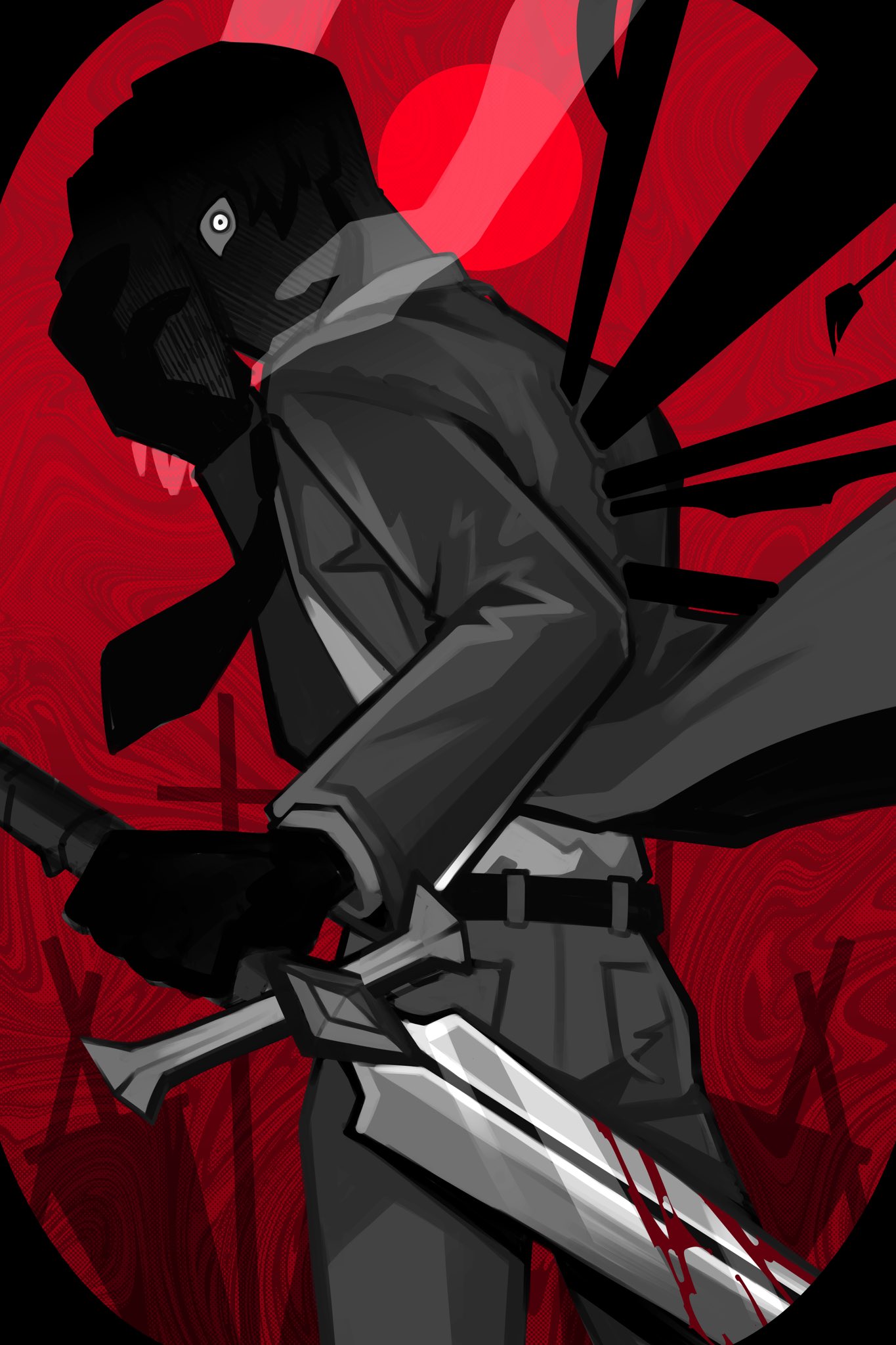 1boy beanni belt black_belt black_hair black_jacket black_mask black_necktie black_pants blood blood_on_weapon cowboy_shot highres holding holding_mask holding_sword holding_weapon jacket library_of_ruina long_sleeves looking_at_viewer mask necktie pants project_moon red_background red_sun roland_(project_moon) smoke solo stab staring sword weapon wing_collar