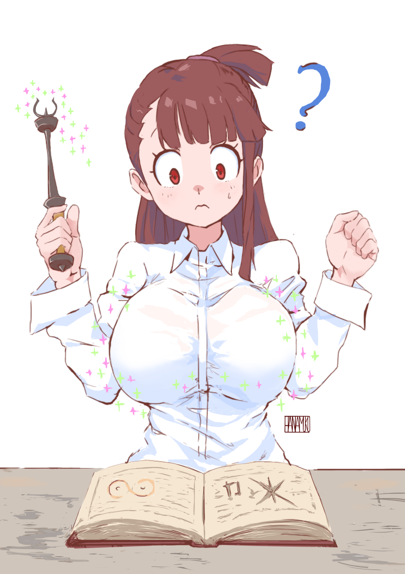 1girl ? alternate_breast_size artist_logo asymmetrical_bangs book breast_expansion breasts brown_hair english_commentary frown hanamuko holding holding_wand kagari_atsuko large_breasts little_witch_academia long_hair magic ponytail red_eyes shirt simple_background single_bang surprised sweatdrop table upper_body wand white_background white_shirt wide-eyed