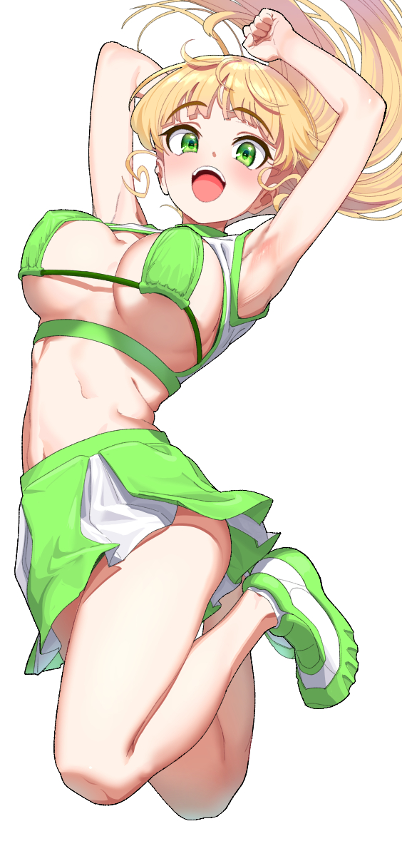 1girl armpits arms_up bare_arms bikini bikini_top_only blonde_hair breastless_clothes breasts eyepatch_bikini floating_hair green_bikini green_eyes green_footwear green_skirt heanna_sumire highres jumping large_breasts long_hair love_live! love_live!_superstar!! miniskirt multicolored_clothes multicolored_skirt navel open_mouth pettan_p simple_background skirt smile solo swimsuit teeth thighs upper_teeth_only white_background
