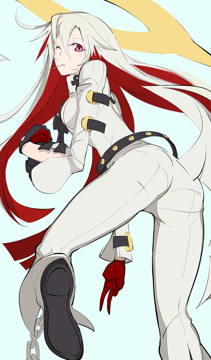 1girl ass belt black_belt black_footwear black_gloves blue_background bodysuit breasts candy chain closed_mouth colored_inner_hair commentary food foot_out_of_frame from_behind gloves grey_bodysuit guilty_gear guilty_gear_xrd hair_between_eyes halo jack-o'_valentine lollipop long_bangs long_hair long_sleeves looking_at_viewer looking_back medium_breasts multicolored_hair one_eye_closed pink_eyes red_gloves red_hair shoes solo tugmix two-sided_gloves v white_hair yellow_halo