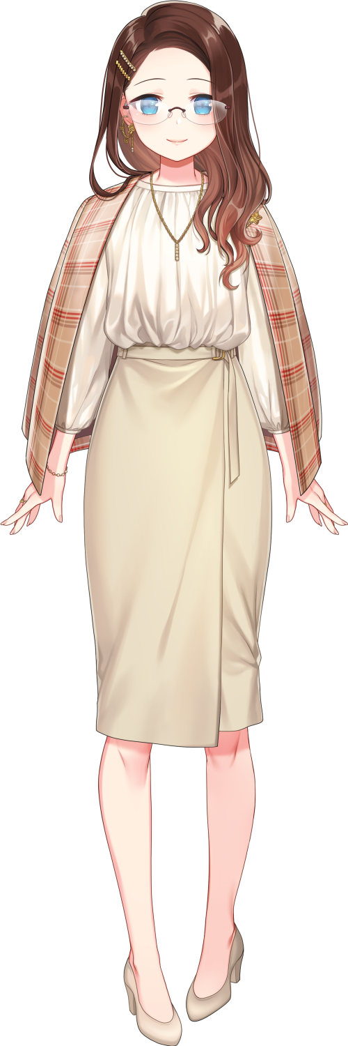 1girl anonymous_(nijisanji) blue_eyes brown_footwear brown_hair brown_shawl brown_skirt earrings forehead full_body glasses grey_shirt hair_ornament hairclip hana_macchia hana_macchia_(3rd_costume) high_heels highres hoop_earrings jewelry long_hair long_sleeves looking_at_viewer necklace nijisanji nijisanji_id official_alternate_hairstyle official_art plaid plaid_shawl shawl shirt shirt_tucked_in skirt smile solo tachi-e transparent_background virtual_youtuber