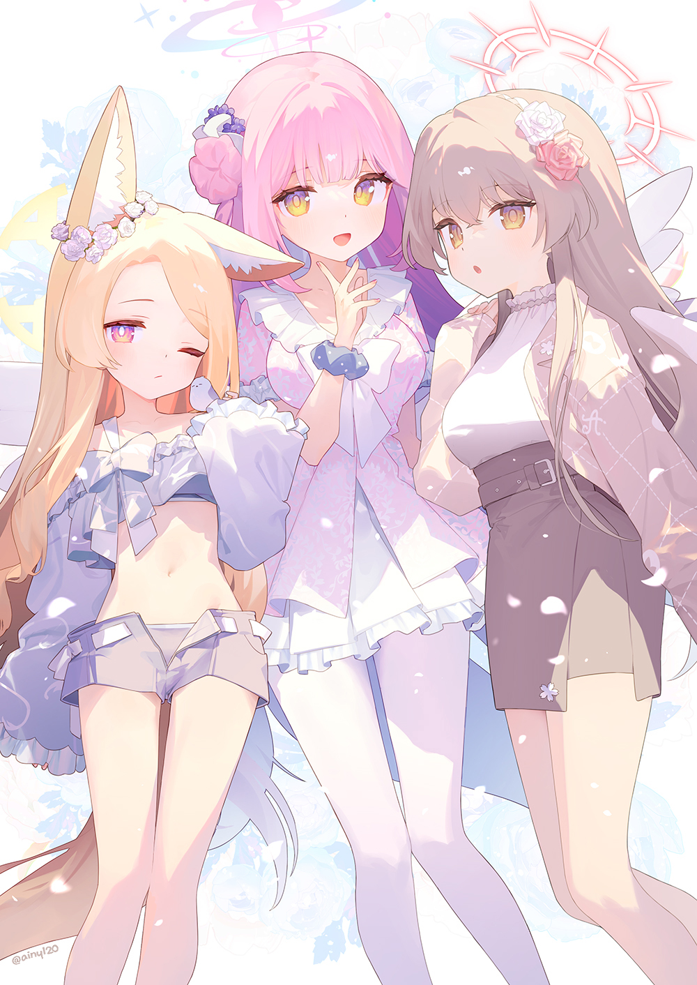3girls ainy alternate_costume animal_ear_fluff animal_ears black_skirt blonde_hair blue_archive bright_pupils brown_hair brown_halo commentary_request fox_ears fox_girl frilled_shirt_collar frilled_skirt frills hair_bun halo high-waist_skirt highres light_brown_hair looking_at_viewer midriff mika_(blue_archive) multiple_girls nagisa_(blue_archive) navel one_eye_closed pink_hair pink_halo pink_shirt purple_eyes seia_(blue_archive) shirt single_hair_bun single_side_bun skirt stomach tea_party_(blue_archive) white_pupils white_shirt white_skirt yellow_eyes yellow_halo