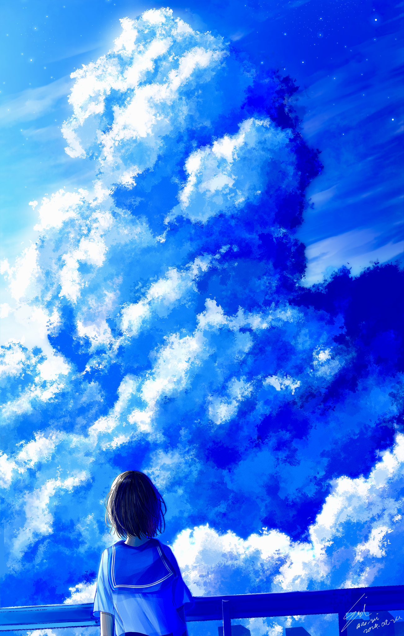 1girl arms_at_sides black_hair blue_sailor_collar blue_sky blue_theme cloud cloudy_sky cumulonimbus_cloud dated facing_ahead from_behind highres original railing sailor_collar scenery school_uniform sei_ao shirt short_hair short_sleeves signature sky solo upper_body white_shirt