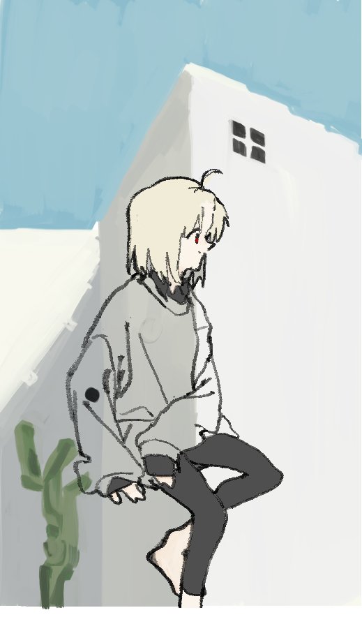 1girl a_channel ahoge alternate_costume barefoot black_leggings black_shirt blonde_hair blue_sky building cactus closed_mouth day foot_out_of_frame from_side funao_oekaki invisible_chair leggings looking_ahead medium_hair momoki_run profile red_eyes shirt shirt_under_sweater sitting sky sleeves_past_wrists smile solo sweater