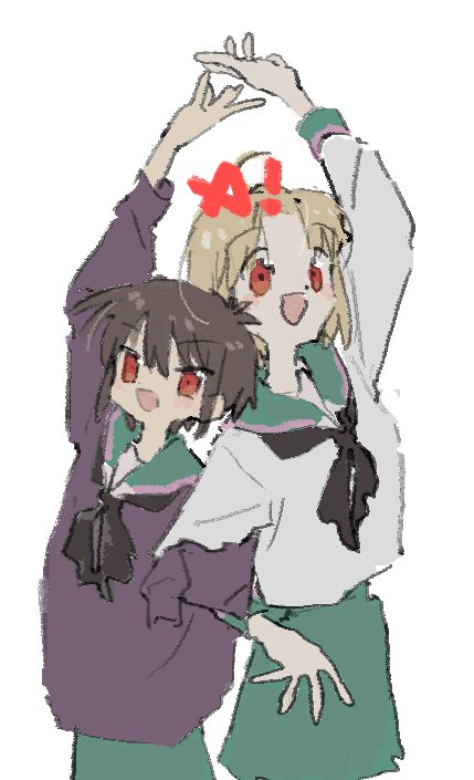 2girls a_channel ahoge arm_up bangs_pinned_back black_neckerchief blonde_hair brown_hair cowboy_shot funao_oekaki green_sailor_collar green_skirt ichii_tooru light_blush locked_arms logo long_sleeves looking_at_viewer momoki_run multiple_girls neckerchief open_mouth purple_shirt red_eyes sailor_collar school_uniform serafuku shirt short_hair side-by-side simple_background skirt smile standing white_background white_shirt