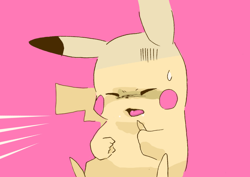 2019 ambiguous_gender bodily_fluids front_view generation_1_pokemon get_it_go nintendo open_mouth pikachu pokemon pokemon_(species) red_background red_cheeks simple_background sitting solo sweat sweatdrop yellow_body