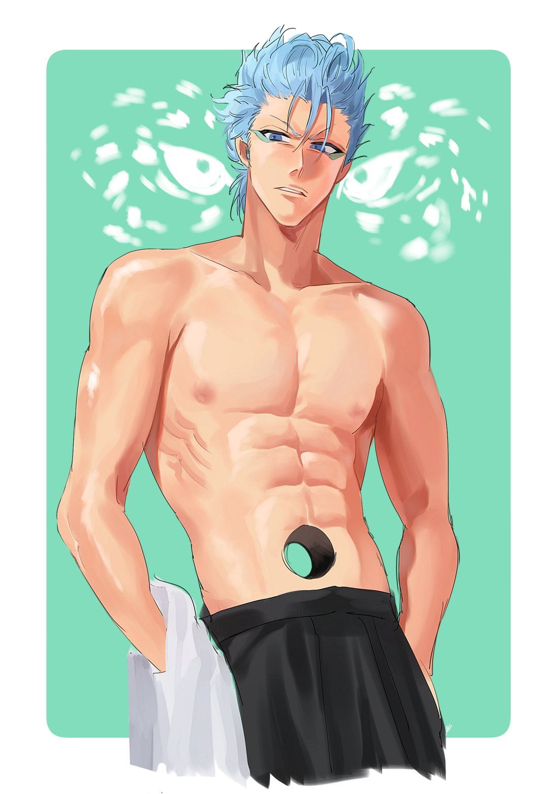 1boy abs amorphe113 annoyed artist_name black_pants bleach blue_eyes blue_hair border collarbone commentary cowboy_shot facial_mark green_background grimmjow_jaegerjaquez highres hole hole_in_stomach looking_at_viewer muscular muscular_male nipples nose pants parted_lips pectorals simple_background solo spiked_hair symbol-only_commentary topless_male tsurime v-shaped_eyebrows white_border