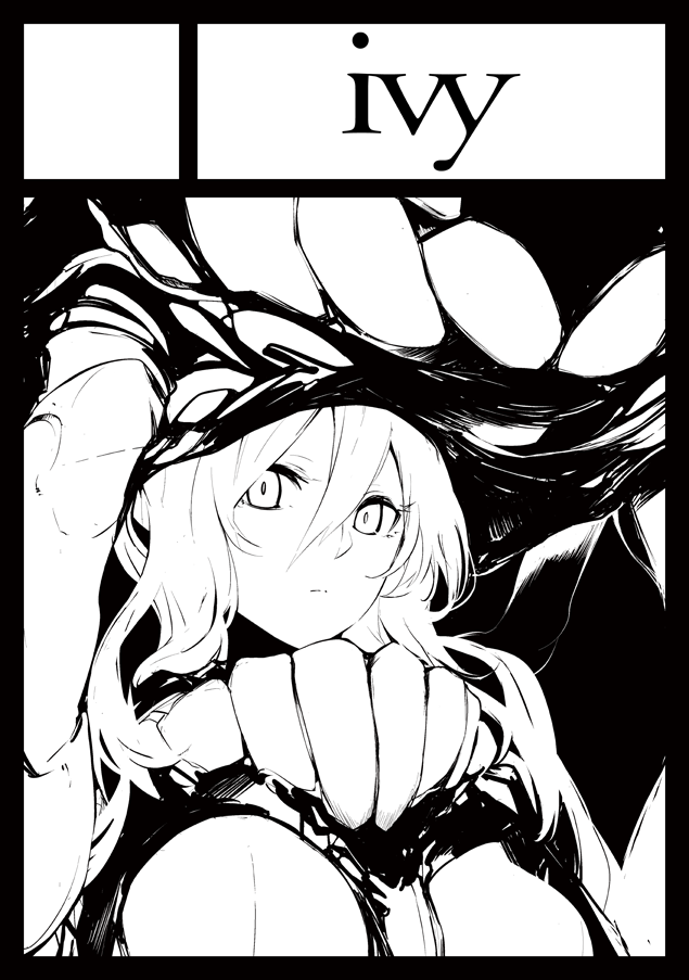 1girl abyssal_ship arm_up breasts circle_cut closed_mouth comiket_88 commentary_request expressionless greyscale hair_between_eyes kantai_collection large_breasts long_bangs long_hair long_sleeves looking_at_viewer monochrome solo teeth tugmix upper_body wo-class_aircraft_carrier