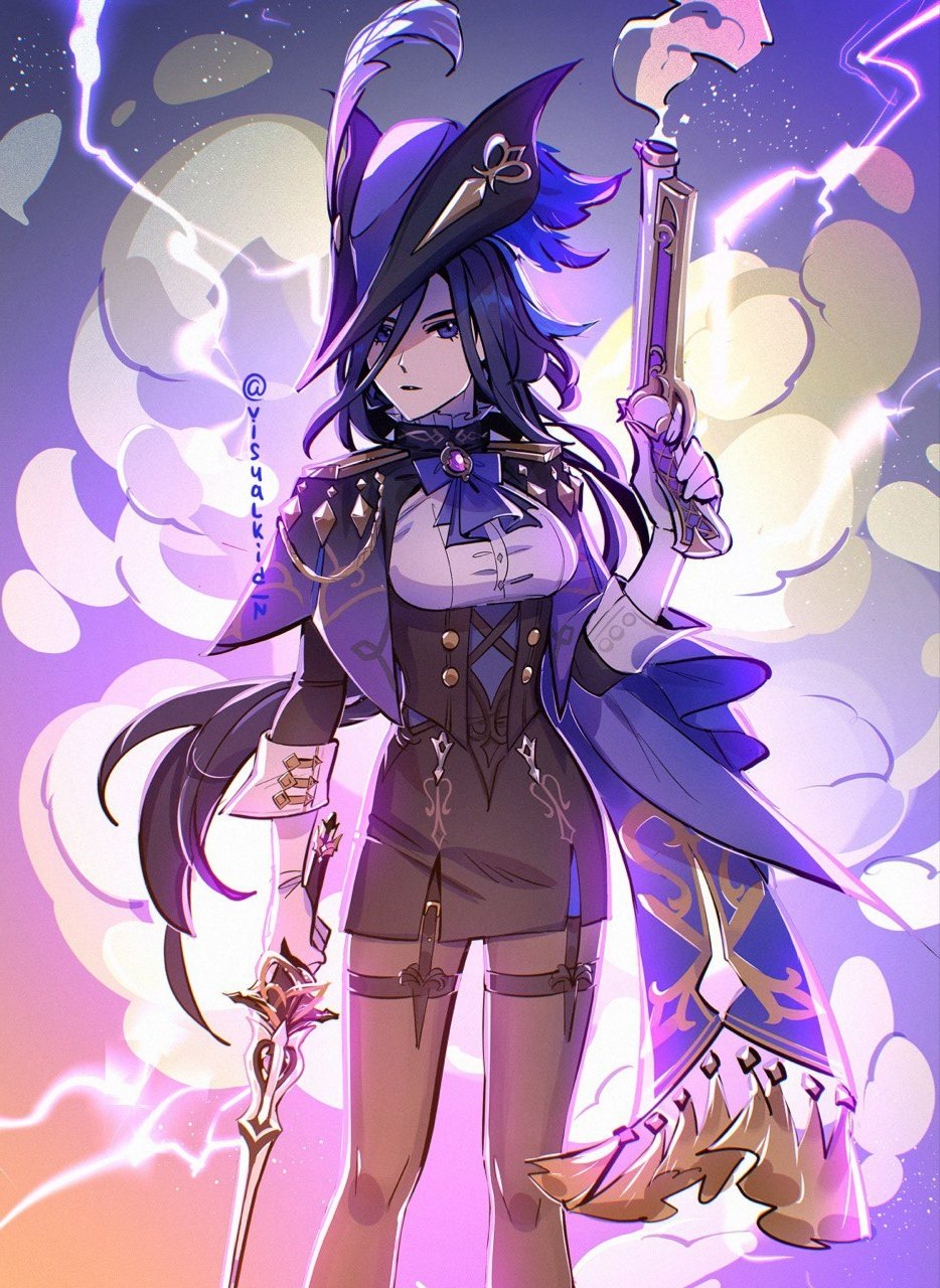 1girl ascot black_hair blue_hair breasts clorinde_(genshin_impact) corset electricity genshin_impact gloves gun handgun hat hat_feather highres holding holding_gun holding_weapon jewelry large_breasts long_hair looking_at_viewer pantyhose purple_eyes shirt solo tricorne very_long_hair vision_(genshin_impact) visualkid_n weapon white_gloves white_shirt