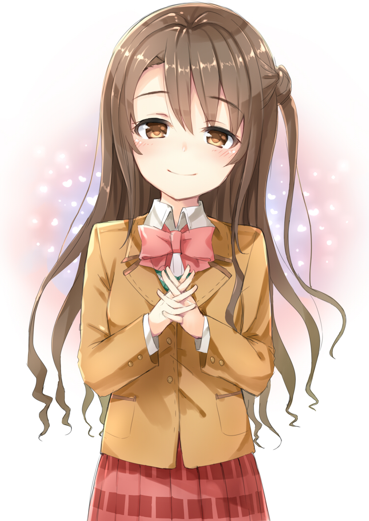 1girl blurry blurry_background blush bow breasts brown_eyes brown_hair brown_jacket closed_mouth collared_shirt commentary_request cowboy_shot dot_nose heart idolmaster idolmaster_cinderella_girls interlocked_fingers jacket kuresuku_(lessons) lapels long_hair long_sleeves looking_at_viewer medium_breasts multicolored_background notched_lapels one_side_up own_hands_together parted_bangs plaid plaid_skirt pleated_skirt raised_eyebrows red_bow red_skirt shimamura_uzuki shirt skirt smile solo thick_eyelashes white_shirt