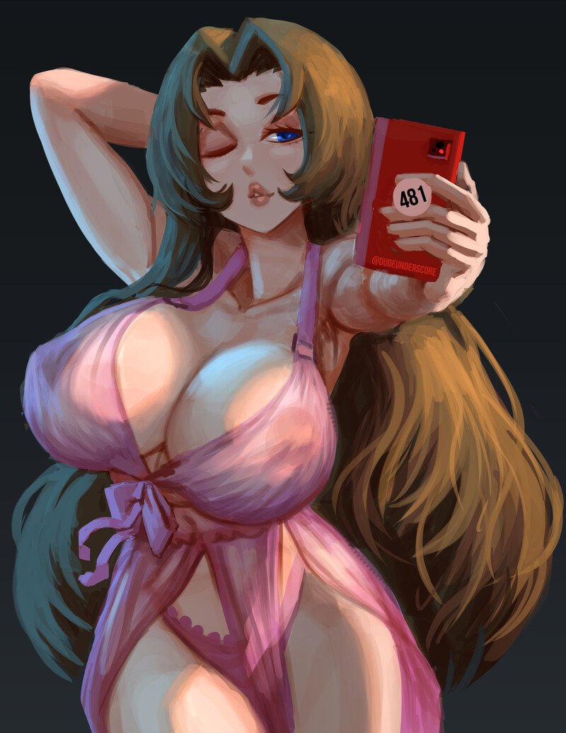 1girl arm_behind_head blue_eyes breasts brown_hair cleavage collarbone covered_nipples dudeunderscore hair_intakes holding large_breasts limbus_company lingerie long_hair nightgown phone project_moon rodion_(project_moon) see-through simple_background solo underwear very_long_hair