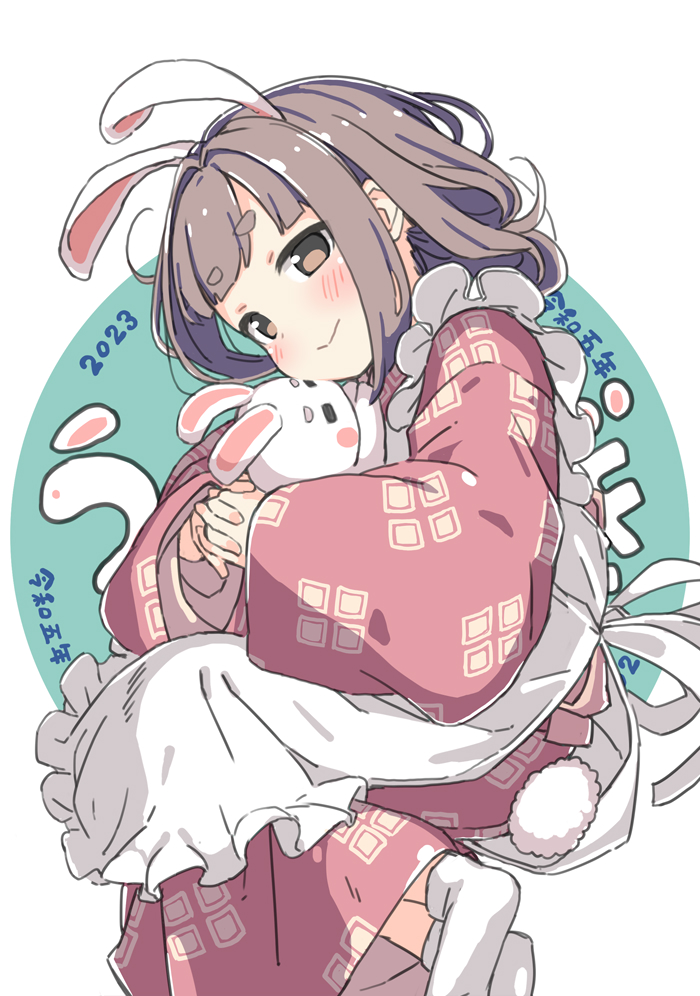 1girl animal_ears apron blush brown_eyes chinese_new_year chinese_zodiac circle closed_mouth dot_nose frilled_apron frills full_body furrowed_brow grey_hair hair_intakes hugging_doll hugging_object interlocked_fingers japanese_clothes kimono kuresuku_(lessons) long_sleeves looking_at_viewer looking_to_the_side looking_up lying medium_hair on_side original patterned_clothing pink_kimono rabbit_ears rabbit_tail short_eyebrows sideways_glance smile socks solo stuffed_animal stuffed_rabbit stuffed_toy tail thick_eyebrows thick_eyelashes white_apron white_background white_socks wide_sleeves year_of_the_rabbit