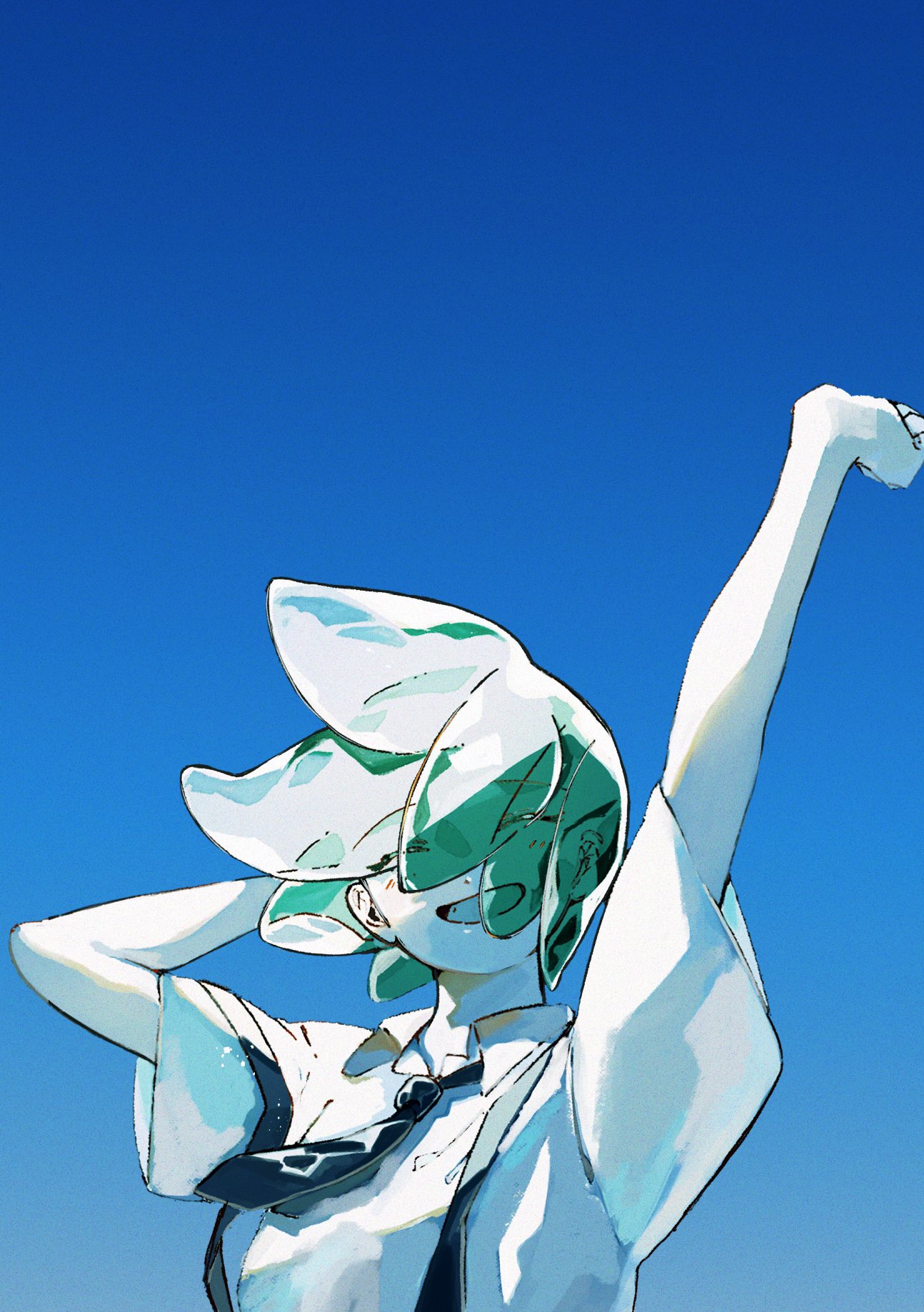 1other androgynous arm_behind_head arm_up blue_sky blush closed_eyes collared_shirt crystal_hair eyes_visible_through_hair gem_uniform_(houseki_no_kuni) glowing glowing_hair green_eyes green_hair hair_over_one_eye hand_up highres houseki_no_kuni necktie open_mouth other_focus phosphophyllite shiro_(kuro_guu) shirt short_hair short_sleeves simple_background sky solo suspenders white_shirt