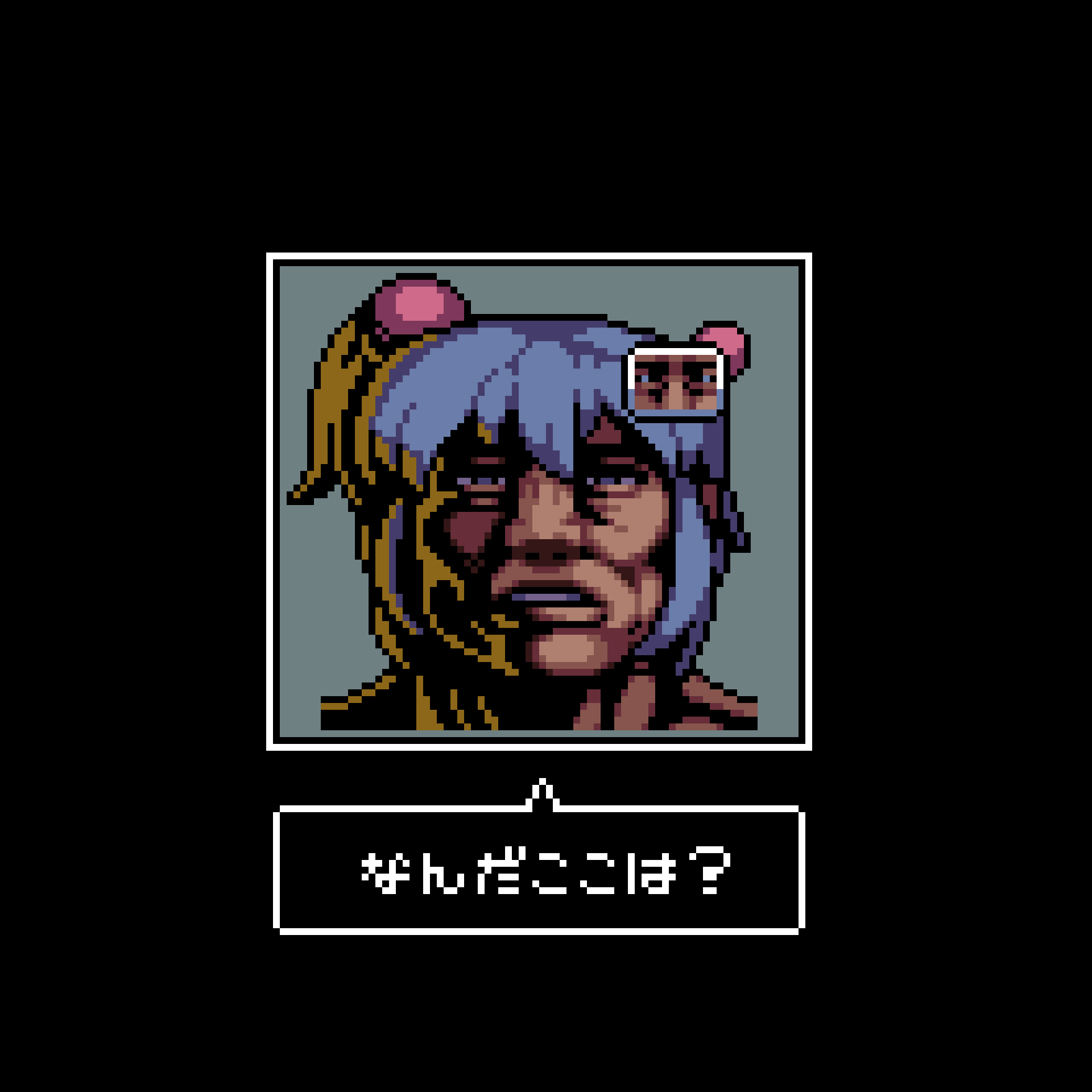 1girl black_border bombergirl bomberman border commentary_request grey_background grey_hair hair_bobbles hair_ornament highres looking_at_viewer man_face one_side_up parody shiro_(bombergirl) short_hair simple_background solo super_contra tonchamon_san translation_request upper_body white_bomberman