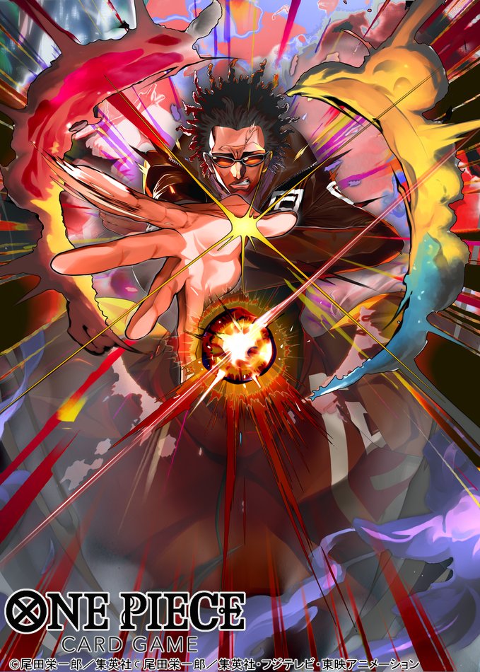1boy aiming aiming_at_viewer attack black_hair clenched_teeth coat commentary_request copyright_name dark-skinned_male dark_skin long_sleeves male_focus mister_five_(one_piece) official_art one_piece orange-tinted_eyewear ryudaman short_hair smoke solo sunglasses teeth tinted_eyewear