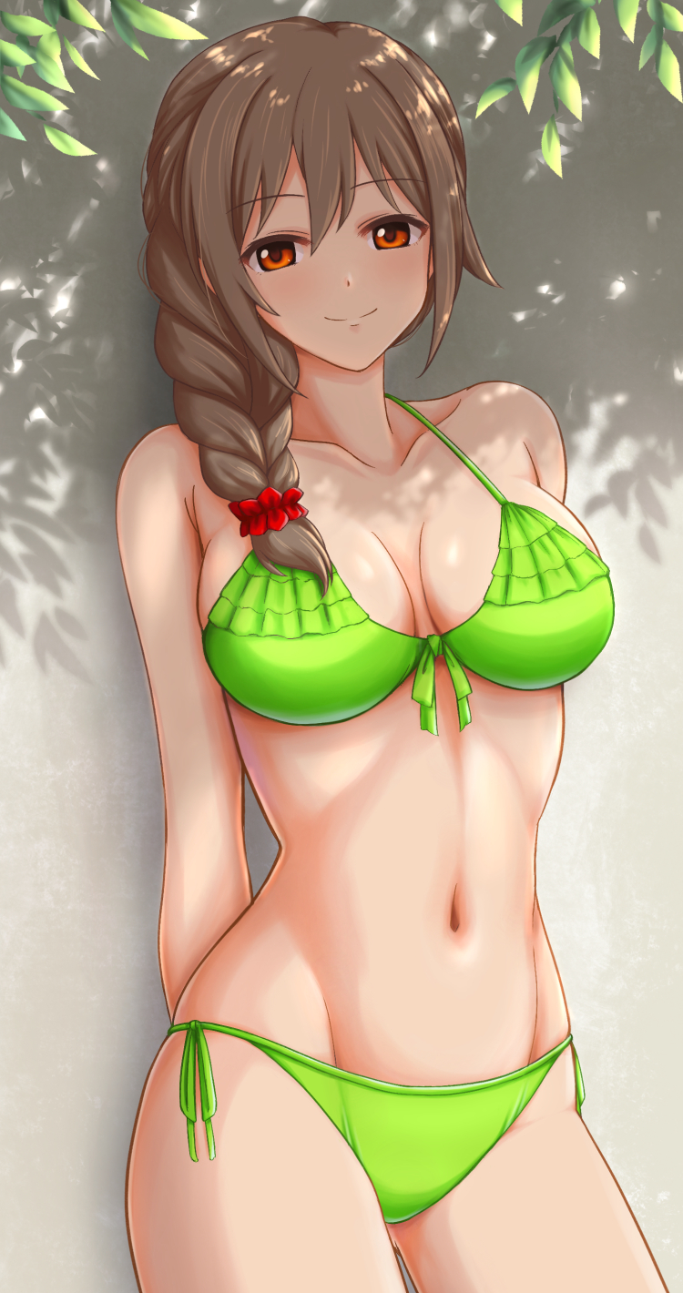 1girl arms_behind_back bare_shoulders bikini blush braid breasts brown_eyes brown_hair cleavage closed_mouth collarbone cowboy_shot dot_nose front-tie_bikini_top front-tie_top green_bikini hair_ornament hair_over_shoulder hair_scrunchie highres idolmaster idolmaster_cinderella_girls idolmaster_cinderella_girls_starlight_stage inou_hiroaki long_hair looking_at_viewer navel red_scrunchie scrunchie senkawa_chihiro shadow side-tie_bikini_bottom single_braid smile solo standing sunlight swimsuit tree