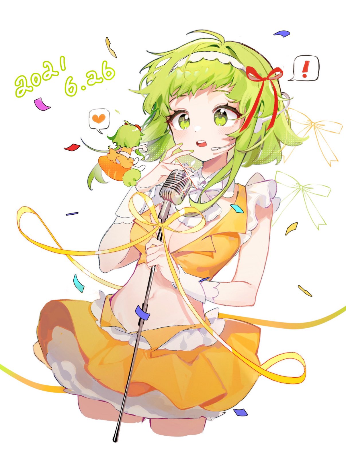 ! 2girls ahoge arin_(fanfan013) arm_up ascot bare_shoulders breasts carrot chibi cleavage clone coattails collar collared_shirt commentary confetti crop_top cropped_legs dated detached_collar eyelashes frilled_shirt frilled_skirt frilled_wrist_cuffs frills green_eyes green_hair green_nails gumi hair_ribbon hairband hand_up headpiece heart highres holding holding_microphone_stand large_breasts looking_at_another microphone_stand midriff miniskirt multiple_girls nail_polish on_food open_mouth orange_shirt orange_skirt red_ribbon ribbon shirt short_hair_with_long_locks sidelocks simple_background sitting sitting_on_food skirt skirt_set sleeveless sleeveless_shirt solo_focus spoken_exclamation_mark spoken_heart teeth upper_teeth_only vocaloid white_ascot white_background white_collar white_hairband white_wrist_cuffs wrist_cuffs