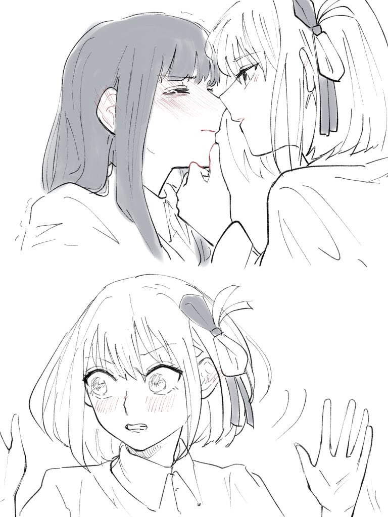 2girls blush closed_eyes closed_mouth commentary_request ear_blush greyscale hair_ribbon hand_on_another's_chin hands_up imminent_kiss inoue_takina long_hair looking_at_another lycoris_recoil medium_hair monochrome multiple_girls nishikigi_chisato one_side_up parted_lips ribbon shiratama_draw yuri