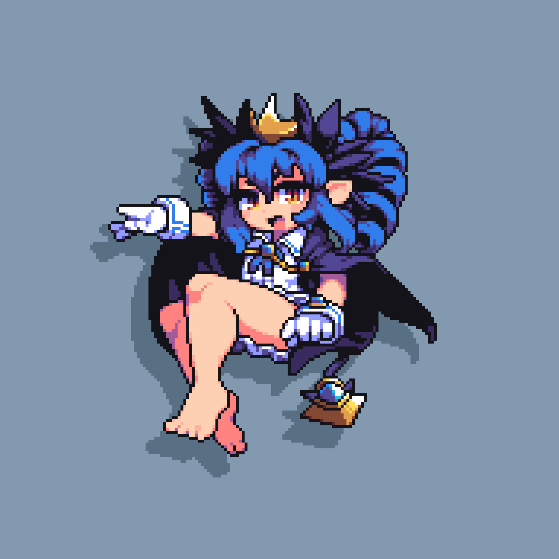 1girl barefoot black_bow black_cape blue_gemstone blue_hair bombergirl bow cape commentary_request crown dress drill_hair full_body gem gloves grey_background hair_between_eyes hair_bow highres lewisia_aquablue long_hair looking_at_viewer open_mouth pixel_art pointy_ears shadow simple_background smile solo tonchamon_san twin_drills white_dress white_gloves yellow_eyes
