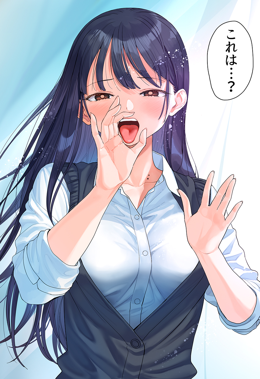 1girl a1_(initial-g) black_hair blue_hair blush boku_no_kokoro_no_yabai_yatsu breasts brown_eyes dark_blue_hair fellatio_gesture highres large_breasts long_hair long_sleeves mole mole_on_neck multiple_moles naughty_face open_mouth oral_invitation school_uniform sexually_suggestive shiny_skin shirt solo tongue tongue_out translation_request upper_body white_shirt yamada_anna