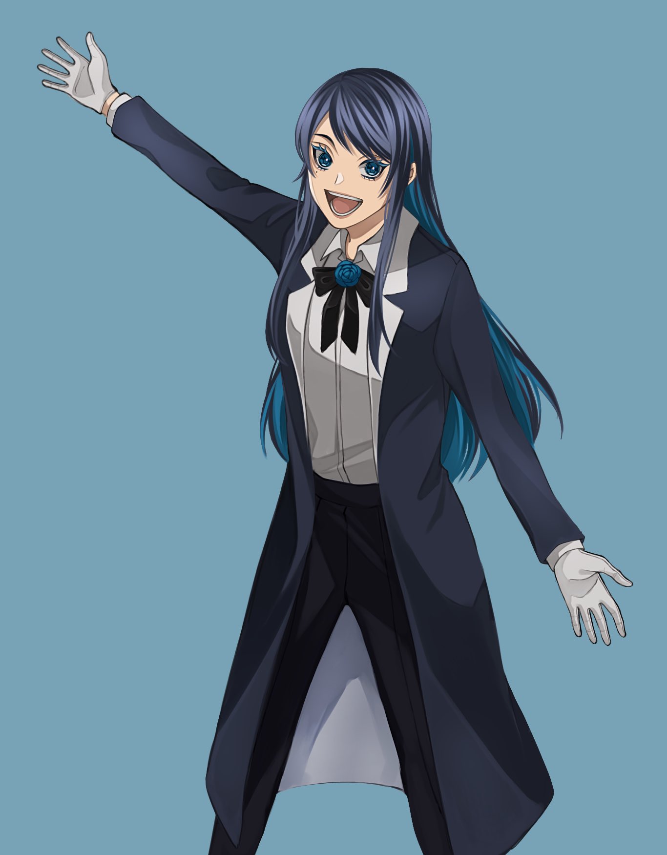 1girl ado_(utaite) black_bow black_bowtie black_coat black_hair black_pants blue_background blue_eyes blue_flower blue_hair blue_rose blush bow bowtie chando_(ado) cloud_nine_inc coat collared_shirt colored_inner_hair commentary_request dress_shirt flower flower_brooch gloves highres keeko_(kk_0012) long_sleeves looking_at_viewer mole mole_under_eye multicolored_hair open_clothes open_coat open_mouth pants rose shirt sidelocks simple_background solo standing teeth utaite white_gloves white_shirt