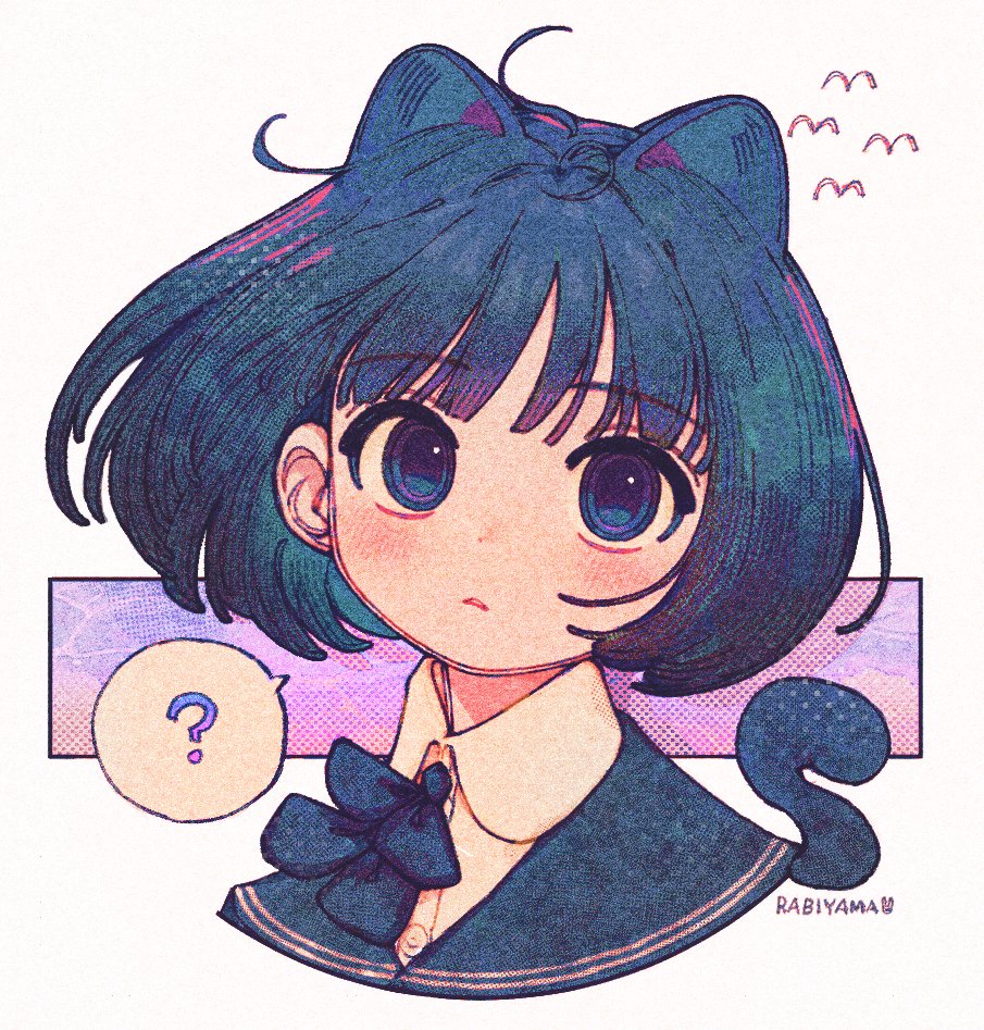 1girl ? amagami artist_name bird black_bow black_bowtie black_eyes black_hair black_sailor_collar blush bob_cut border bow bowtie cat_girl cat_tail collared_shirt commentary cropped_torso dress_shirt halftone halftone_background halftone_texture kemonomimi_mode kibito_high_school_uniform looking_at_viewer loose_hair_strand messy_hair outside_border parted_lips purple_background rabiyamarabi sailor_collar school_uniform shirt short_hair signature solo speech_bubble spoken_question_mark tachibana_miya tail white_border white_shirt