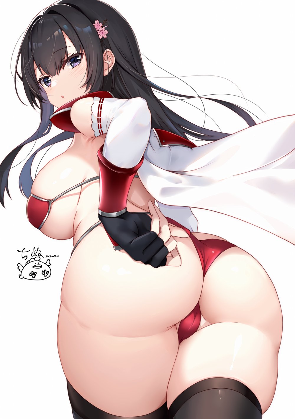 1girl :o armor ass bikini black_eyes black_gloves black_hair black_thighhighs blush borrowed_character breasts cameltoe cape commentary_request detached_sleeves fingerless_gloves from_behind gloves hair_ornament highres kakerayuri large_breasts long_hair looking_back original red_bikini shoulder_armor sideboob signature simple_background solo swimsuit thighhighs twisted_torso vambraces white_background white_cape