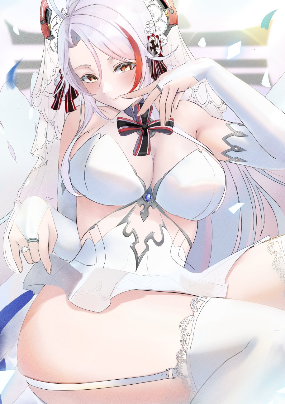 1girl ass azur_lane black_ribbon breasts bridal_gauntlets brown_eyes cafenami cleavage closed_mouth cross dress flower garter_straps grey_hair hair_between_eyes hair_flower hair_ornament hair_ribbon headgear highres iron_cross jewelry large_breasts long_hair mole mole_on_breast multicolored_hair multicolored_ribbon prinz_eugen_(azur_lane) prinz_eugen_(symphonic_fate)_(azur_lane) red_hair ribbon ring see-through see-through_cleavage solo streaked_hair thighhighs white_dress white_flower white_garter_straps white_thighhighs