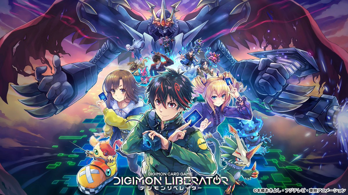 1other 3boys 4girls arm_cannon bemmon bird black_hair blonde_hair blue_eyes blue_fire breasts brown_eyes brown_hair button_eyes buttons card claw_(weapon) coat commentary_request copyright_name digimon digimon_card_game digimon_liberator dragon dress drill_hair eye_mask feathers fire ghost ghostmon glasses glowing glowing_eyes green_feathers green_jacket grey_hair holding holding_card horns imperialdramon imperialdramon_fighter_mode_(black) jacket kazama_shoto kinosaki_arisa lab_coat long_hair medium_breasts medium_hair multicolored_hair multiple_boys multiple_girls official_art owen_dreadnought pteromon purple_dress purple_eyes red_eyes red_hair red_wings sangomon shoemon single_horn stitched_face stitches streaked_hair sunarizamon thumbs_up trading_card twin_drills twintails two-tone_hair unworn_coat weapon white_hair wings zenith_(digimon)