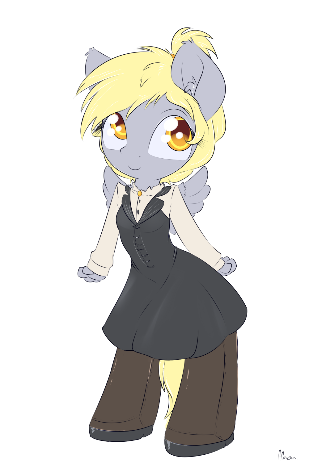 alasou alpha_channel anthro anthrofied blonde_hair chibi clothing dapper derpy_hooves_(mlp) dress equine female friendship_is_magic fur grey_fur hair looking_at_viewer mammal my_little_pony pegasus plain_background smile solo transparent_background wings yellow_eyes