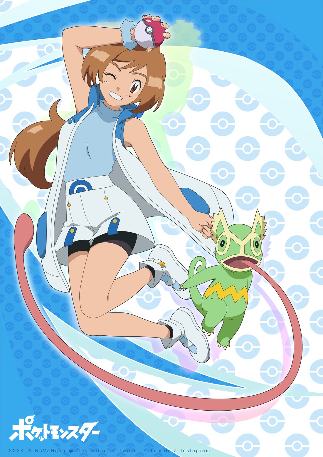 1girl arm_up bike_shorts bike_shorts_under_shorts black_socks brown_eyes brown_hair coat commentary grin highres holding holding_poke_ball kecleon leaning_to_the_side long_hair noelia_ponce one_eye_closed open_clothes open_coat original poke_ball poke_ball_(basic) poke_ball_symbol pokemon pokemon_(creature) scrunchie shirt shoes shorts smile socks teeth tongue watermark white_coat white_footwear white_shorts wrist_scrunchie