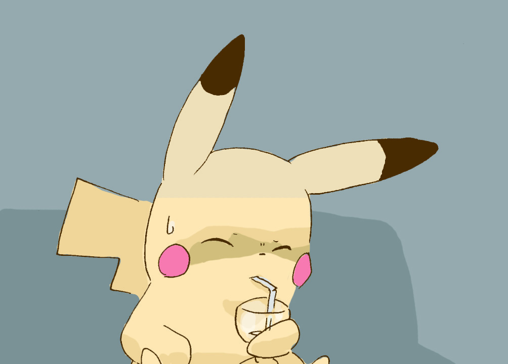 2019 ambiguous_gender bodily_fluids container cup drinking drinking_glass drinking_straw front_view generation_1_pokemon get_it_go glass glass_container glass_cup grey_background holding_glass holding_object nintendo pikachu pokemon pokemon_(species) red_cheeks simple_background sitting solo sweat sweatdrop wine_glass yellow_body