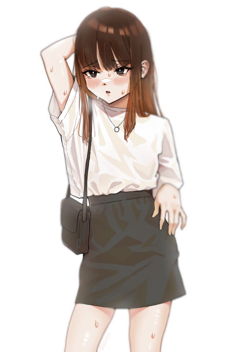 1girl arm_behind_head arm_up bag black_bag black_eyes blush breath brown_hair commentary_request curvy eyelashes handbag highres jewelry leedaru1 legs long_bangs long_hair looking_afar necklace open_mouth original shirt short_sleeves simple_background skirt solo standing sweat waiting white_background white_shirt