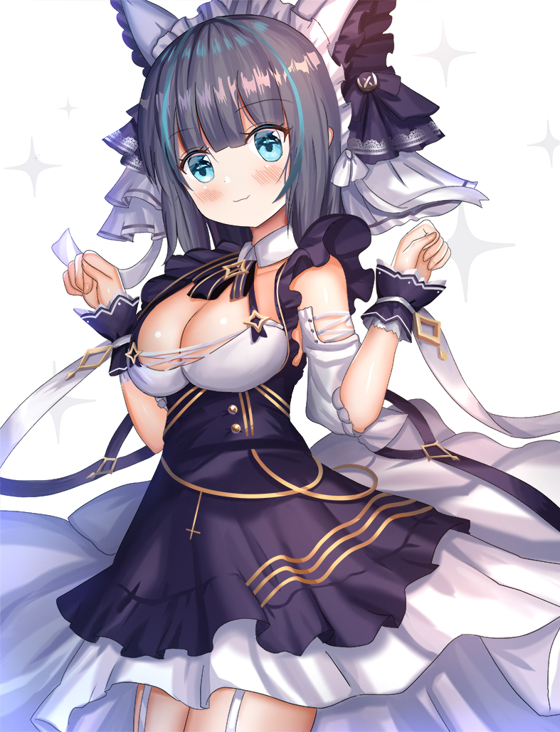 1girl :3 ame_sagari animal_ears azur_lane bare_shoulders black_bow black_bowtie black_hair blue_eyes blue_hair blunt_bangs blush bow bowtie breasts buttons cat_ears cheshire_(azur_lane) cleavage closed_mouth collar commentary cowboy_shot cross cross-laced_clothes cross-laced_sleeves detached_collar detached_sleeves dress eyelashes fang fang_out frilled_dress frilled_hairband frilled_sleeves frilled_wrist_cuffs frills hair_bow hairband large_breasts looking_at_viewer maid_headdress medium_hair multicolored_hair multiple_hair_bows puffy_short_sleeves puffy_sleeves purple_dress purple_wrist_cuffs ribbon short_dress short_sleeves simple_background skin_fang sleeveless sleeveless_dress smile solo sparkle straight_hair streaked_hair striped_bow striped_bowtie striped_clothes train_(clothing) white_background white_bow white_collar white_hairband white_ribbon white_sleeves white_veil wrist_cuffs