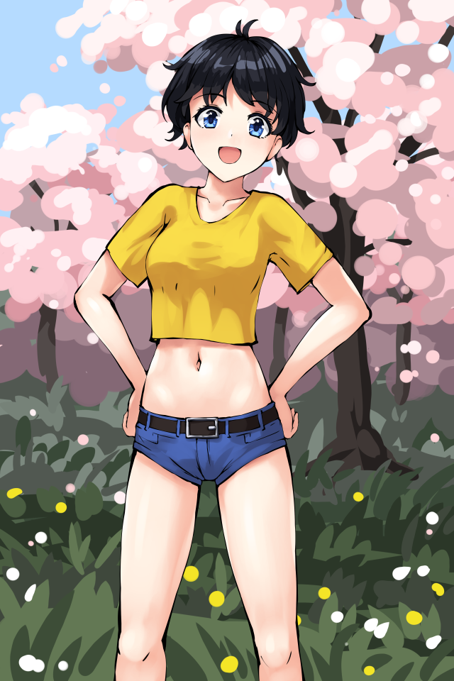 1girl :d aposine belt black_belt black_hair blue_eyes blue_shorts blue_sky breasts cherry_blossoms collarbone cowboy_shot crop_top cropped_shirt day grass hands_on_own_hips looking_at_viewer medium_breasts navel original outdoors shirt short_hair short_shorts shorts sky smile solo spring_(season) standing t-shirt tomboy tongue tree yellow_shirt