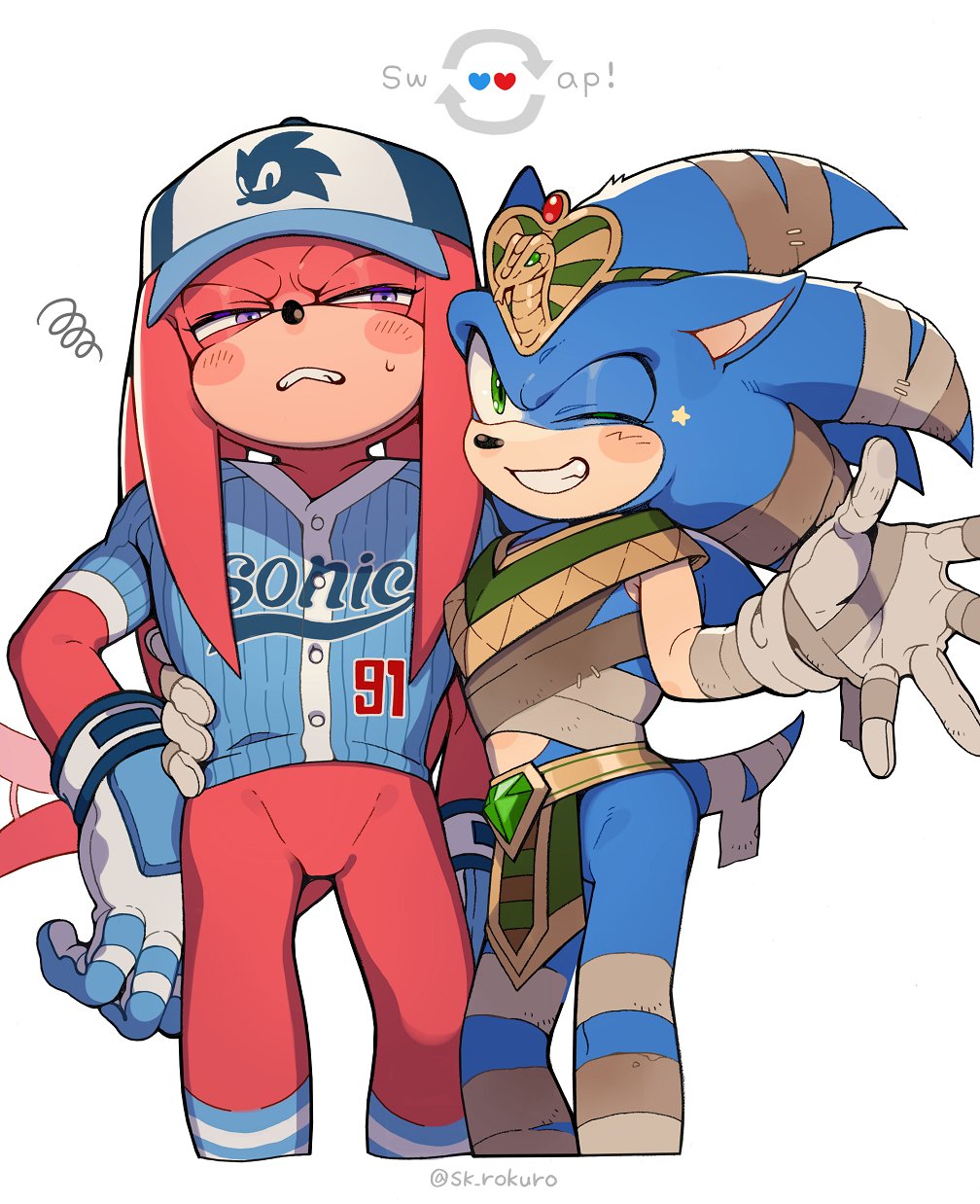 2boys alternate_costume artist_name bandaged_arm bandaged_head bandaged_leg bandages baseball_cap baseball_jersey blue_fur blue_gloves blue_hat blue_shirt blush egyptian_clothes furry furry_male gloves green_eyes grin hand_on_own_hip hat highres jersey knuckles_the_echidna multiple_boys mummy_costume one_eye_closed purple_eyes red_fur shirt short_sleeves simple_background sk_rokuro smile sonic_(series) sonic_the_hedgehog tail two-tone_gloves white_background white_gloves