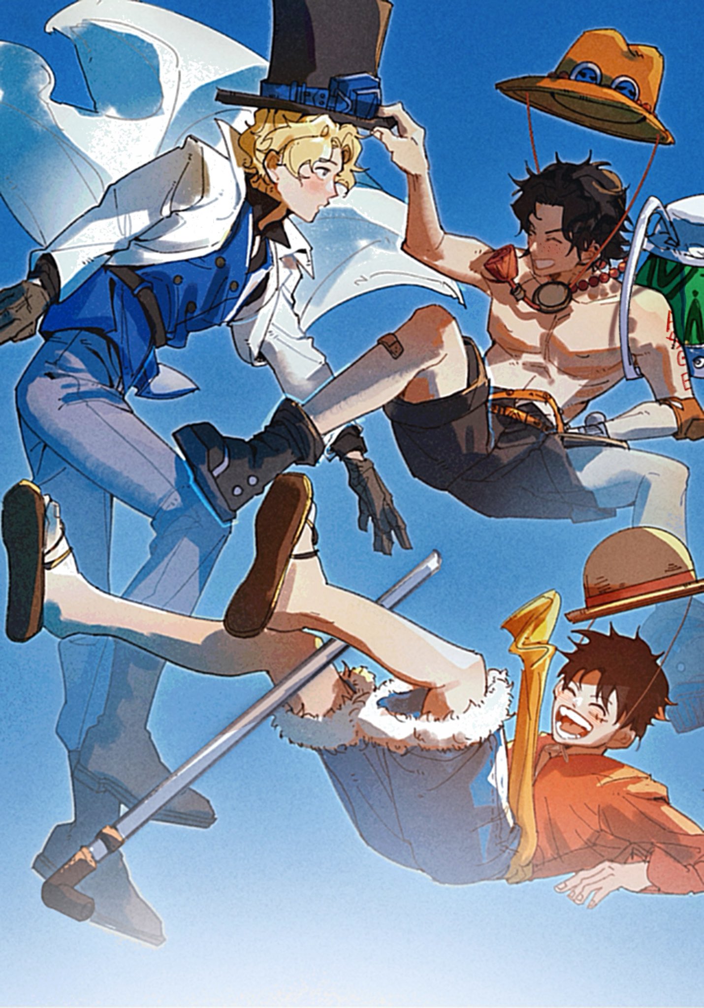 3boys ^_^ bandaid bandaid_on_leg belt black_hair black_shirt black_shorts blonde_hair blue_shorts boots closed_eyes coat commentary falling flip-flops gloves goggles goggles_on_head hat highres holding holding_clothes holding_hat monkey_d._luffy multiple_boys one_piece onecata11 portgas_d._ace profile red_shirt sabo_(one_piece) sandals sash shirt short_hair shorts straw_hat top_hat waistcoat white_coat yellow_sash