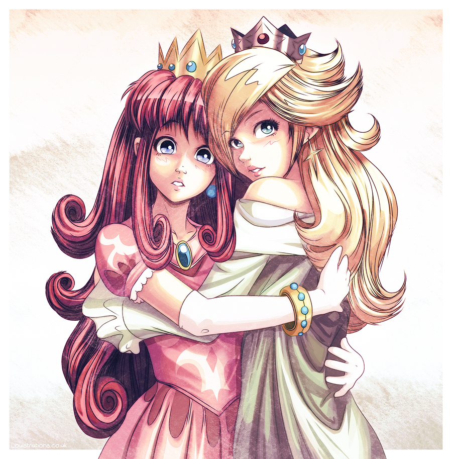 2girls blonde_hair bracelet crown dress earrings elbow_gloves gloves gold_bracelet hug jewelry long_hair looking_at_viewer louis_lloyd-judson mario_(series) multiple_girls off-shoulder_dress off_shoulder parted_lips pink_dress princess_shokora red_hair rosalina star_(symbol) star_earrings wario_land wario_land_4