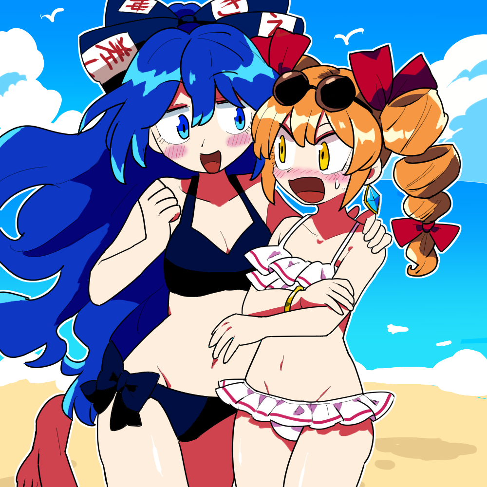 2girls :d barefoot beach bikini blue_bikini blue_bow blue_eyes blue_hair blush bollzzalguy bow breasts cleavage commentary_request drill_hair eyewear_on_head frilled_bikini frills groin hair_ribbon multiple_girls navel nose_blush orange_hair red_ribbon ribbon sand small_breasts smile sunglasses surprised swimsuit toes touhou twin_drills white_bikini yellow_eyes yorigami_shion