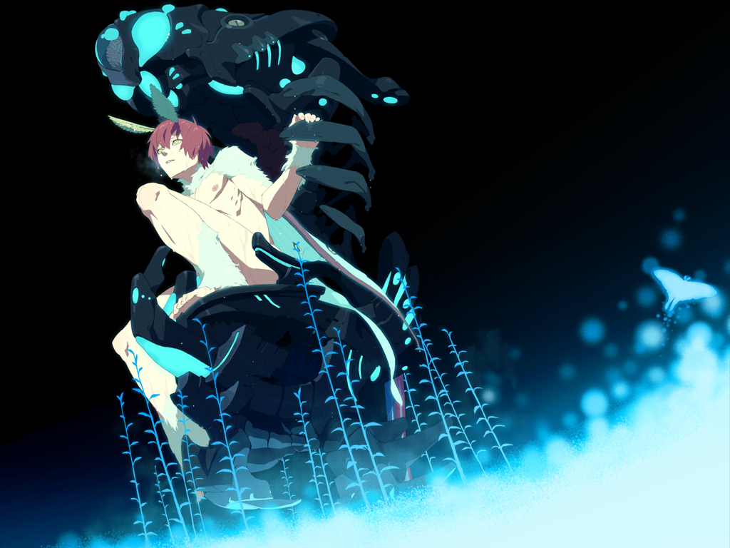 1boy antennae black_background blue_background blue_fur blue_wings breath completely_nude full_body honya_lala insect_wings knee_up male_focus monster_boy moth_antennae moth_boy moth_wings nipples nude original parted_lips red_hair short_hair sitting solo sweat wings yellow_eyes