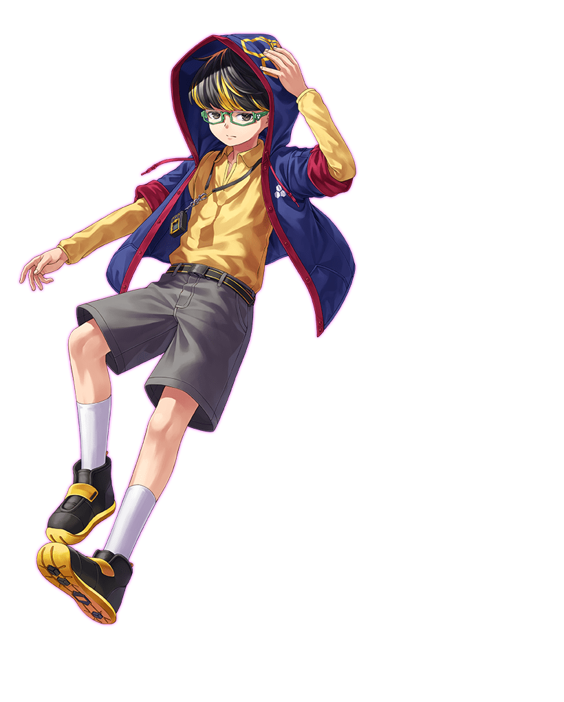 1boy black_footwear black_hair black_shorts blonde_hair blue_jacket collared_shirt commentary digimon digimon_card_game digimon_liberator hood hood_up hooded_jacket jacket jewelry multicolored_hair official_art pendant shirt shorts simple_background solo streaked_hair transparent_background winr_(digimon) yellow_shirt