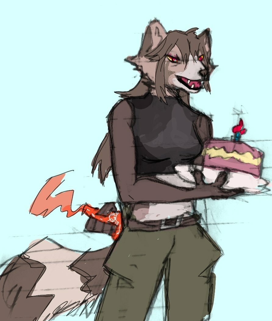 anthro cake candle dessert female food mammal procyonid raccoon red_eyes sketch solo trick unknown_artist