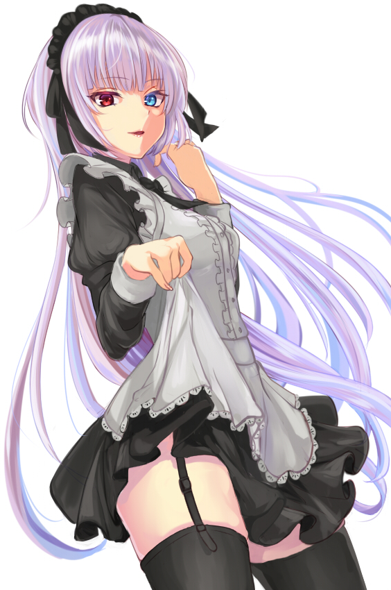 1girl apron black_bow black_bowtie black_dress black_thighhighs blue_eyes blue_hair bow bowtie breasts clothes_lift collared_shirt commentary_request cowboy_shot dress dress_lift frilled_apron frills garter_straps grey_apron grey_hair hands_up heterochromia juliet_sleeves light_blue_hair light_smile long_hair long_sleeves looking_at_viewer luminous_valentine maid maid_apron maid_headdress parted_lips pleated_skirt puffy_sleeves red_eyes senri_tsukuyomi shirt simple_background skindentation skirt small_breasts solo tensei_shitara_slime_datta_ken thighhighs white_background wing_collar